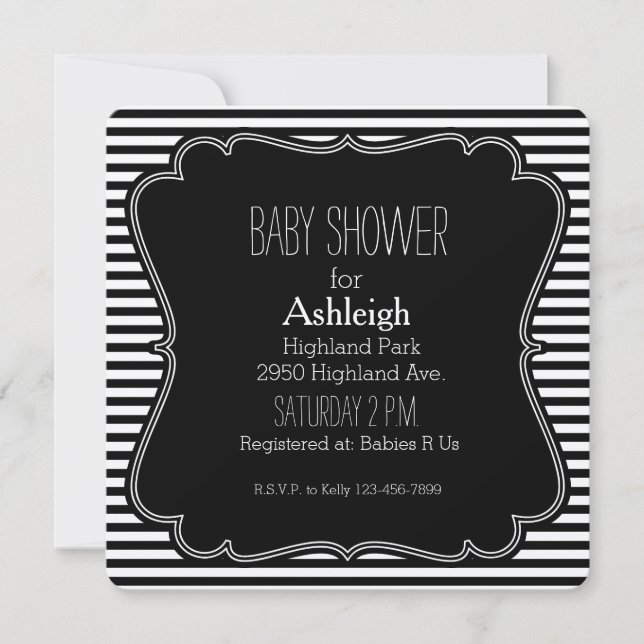 Black Strip Babydusche Monogramm Einladung (Vorderseite)