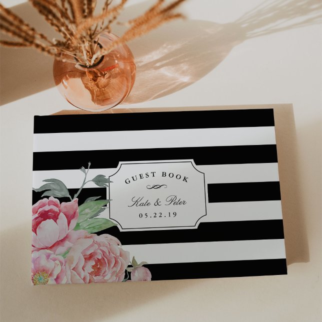 Black Stripe & Antique Peony Wedding Gästebuch (Von Creator hochgeladen)