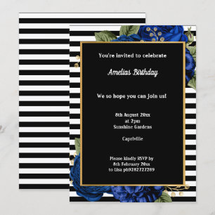 BLACK STRIPE BLUE GOLD FLORAL 2 GEBURTSTAG PARTEI EINLADUNG