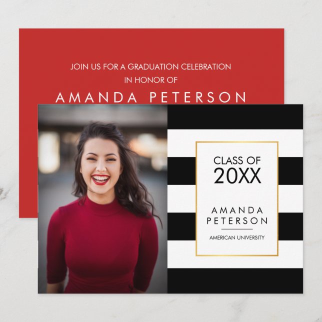 Black Stripe Faux cadre or Graduation Invitation (Devant / Derrière)