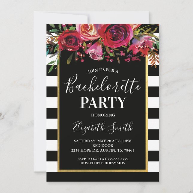 Black Stripe Floral BacheloretteParty Einladung (Vorderseite)