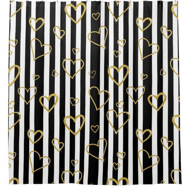 Black Stripe Gold Heart Glam Pattern (6) Duschvorhang (Vorderseite)