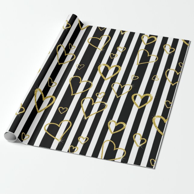 Black Stripe Gold Heart Glam Pattern (6) Geschenkpapier (Ungerollt)