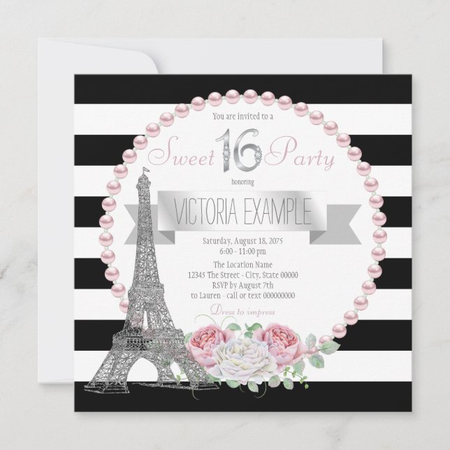 Black Stripe Paris Sweet 16 Party Einladung (Vorderseite)