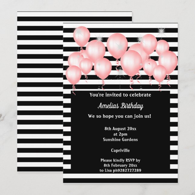 BLACK STRIPE PINK BALLOON BIRTHDAY PARTEI EINLADUNG (Vorne/Hinten)