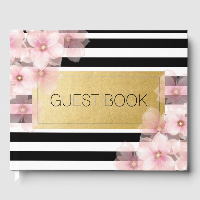 Black Stripe Pink Foral Wedding Gästebuch (Vorderseite)