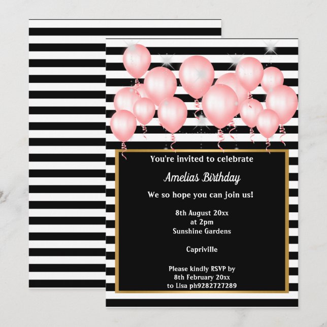BLACK STRIPE PINK GOLD BALLOON BIRTHDAY PARTEI EINLADUNG (Vorne/Hinten)