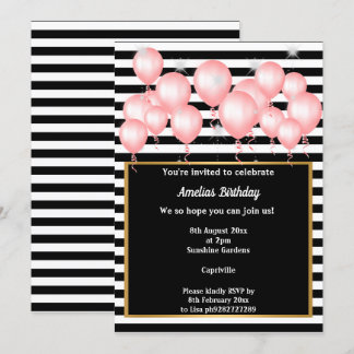 BLACK STRIPE PINK GOLD BALLOON BIRTHDAY PARTEI EINLADUNG
