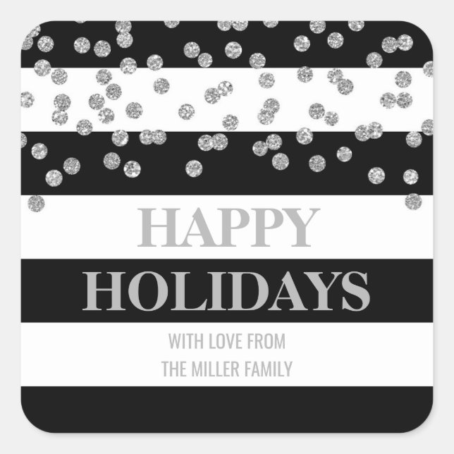 Black Stripe Silver Confetti Happy Holidays Custom Quadratischer Aufkleber (Vorderseite)