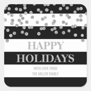 Black Stripe Silver Confetti Happy Holidays Custom Quadratischer Aufkleber
