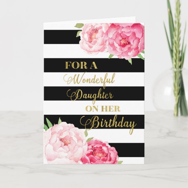 Black Stripes Fleurs roses Carte d'anniversaire fi (Devant)