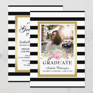 Black Stripes Gold Blumengraduierung Party Foto Einladung