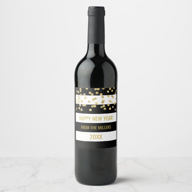 Black Stripes Gold Confetti Custom Neujahr Wein Weinetikett (Vorderseite)