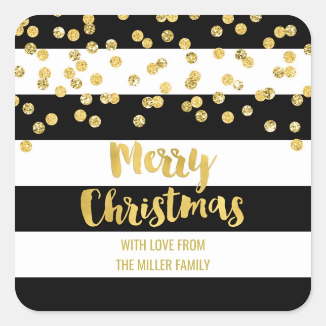 Black Stripes Gold Confetti Frohe Weihnachten Cust Quadratischer Aufkleber (Vorderseite)