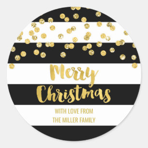 Black Stripes Gold Confetti Frohe Weihnachten Cust Runder Aufkleber