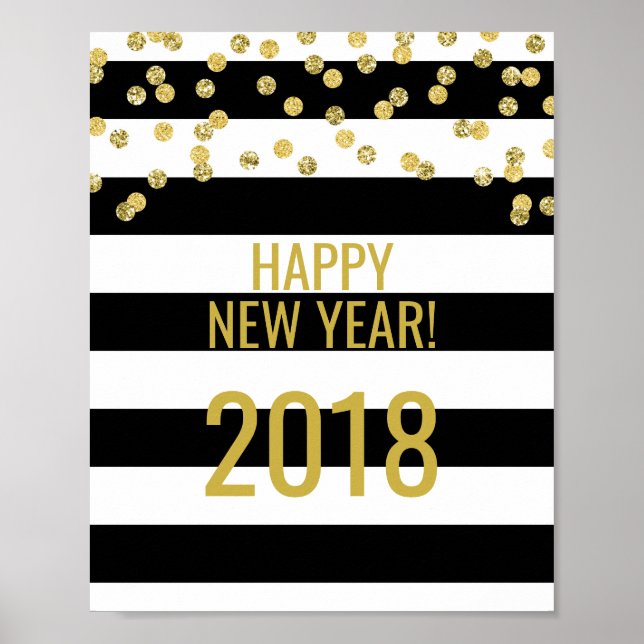 Black Stripes Gold Confetti Frohes Neues Jahr 2018 Poster (Vorne)
