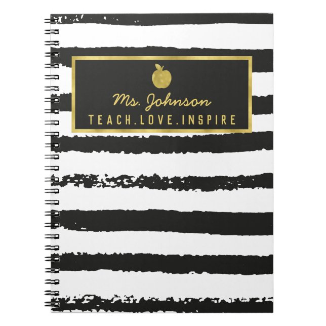 Black Stripes Gold Foil Apple | Teacher Name Notizblock (Vorderseite)
