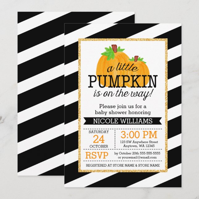 Black Stripes Gold Little Pumpkin Fall Baby Dusche Einladung (Vorne/Hinten)