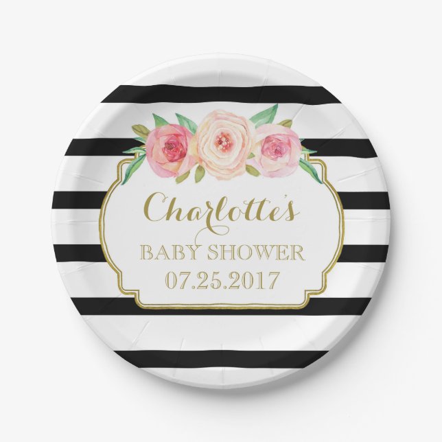 Black Stripes Gold Pink Bläsernchen Babydusche Pappteller (Vorderseite)
