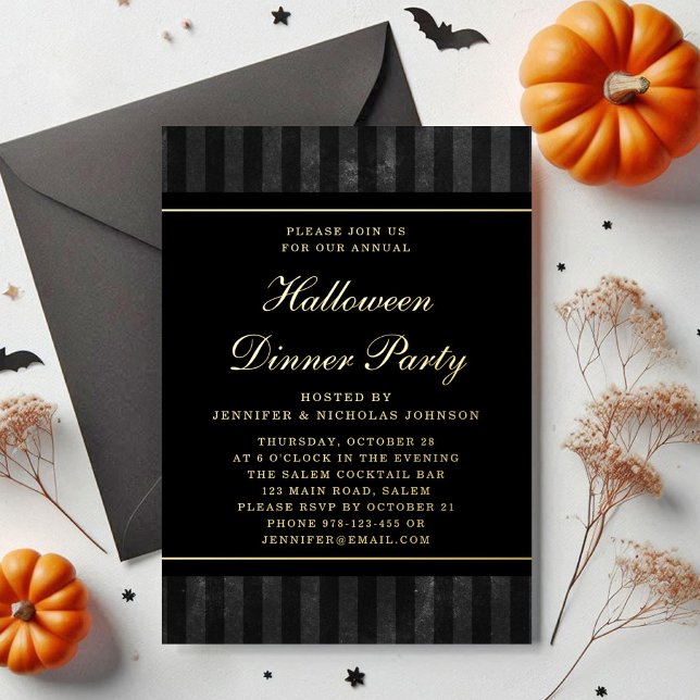Black Stripes Halloween Party Gold Folieneinladung (Black Stripes Halloween Dinner Party Gold Foil Invitation)