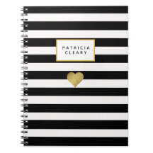 Black Stripes & Metallic Gold Heart Notebook