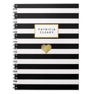 Black Stripes & Metallic Gold Heart Notebook Notizblock