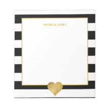 Black Stripes & Metallic Gold Heart Notepad