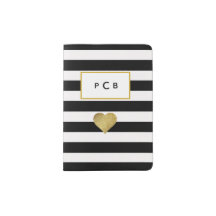 Black Stripes & Metallic Gold Heart Passport Case