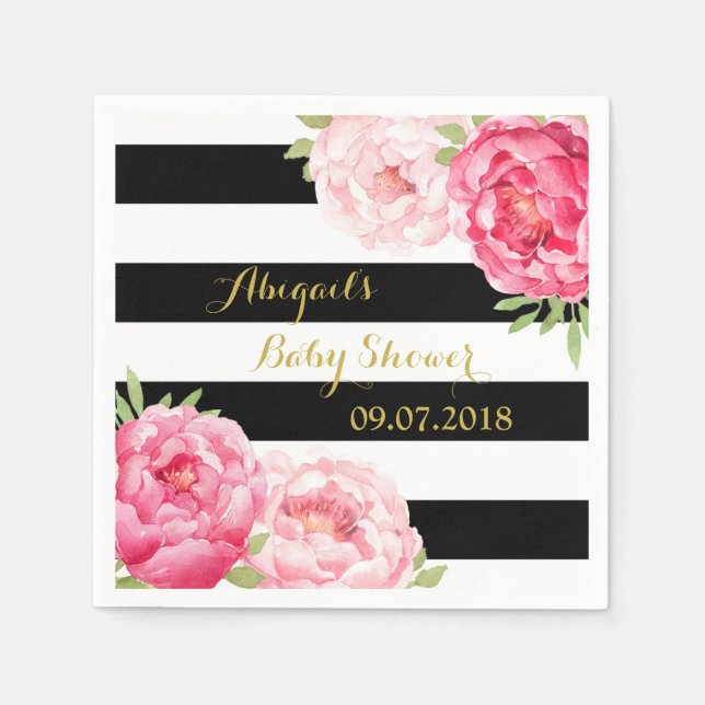 Black Stripes Pink Floral Baby Dusche Napkins Serviette (Vorderseite)