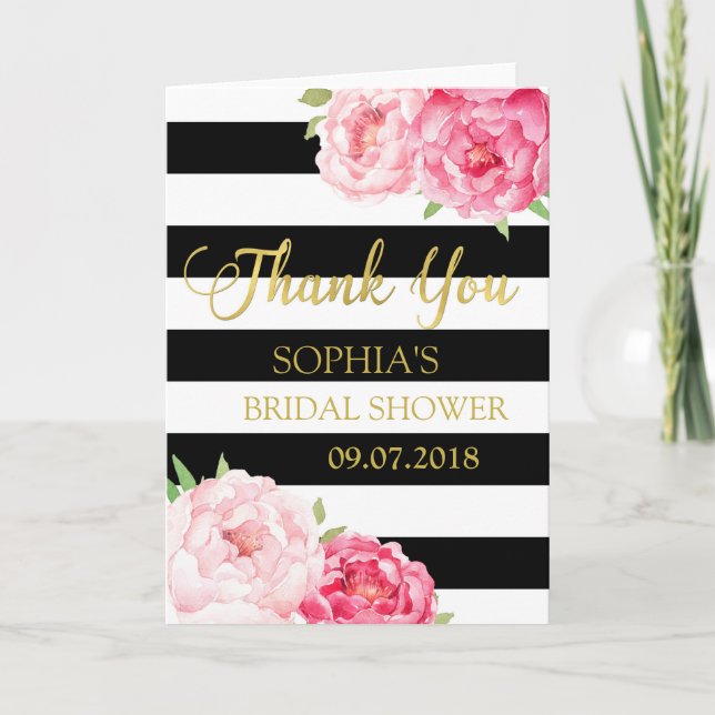 Black Stripes Pink Floral Brautparty Vielen Dank Dankeskarte (Vorderseite)