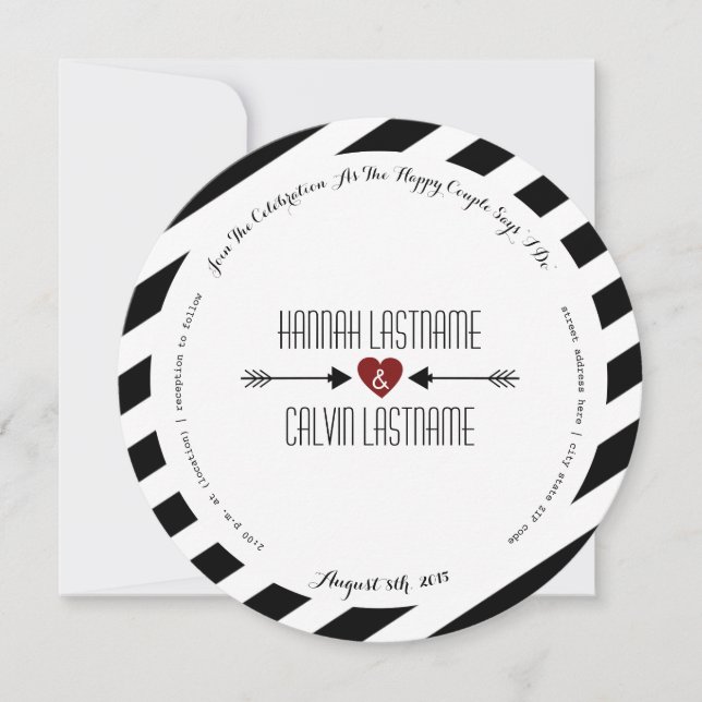 Black Stripes Red Heart + Arrows Round Wedding Einladung (Vorderseite)