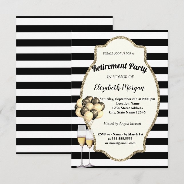 Black Stripes Wine Glas, Ballons, Party für die Al Einladung (Vorne/Hinten)