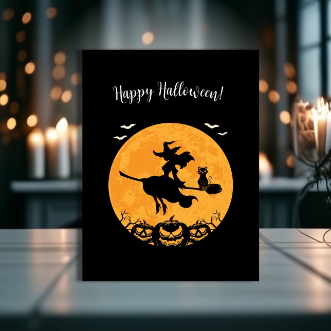 Black Stylish Halloween Hexe & Pumpkin Print Postkarte (Black Stylish Halloween Witch & Pumpkin Print Postcard!)