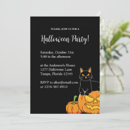 Black Stylish Halloween-Party Cat & Pumpkin Einladung