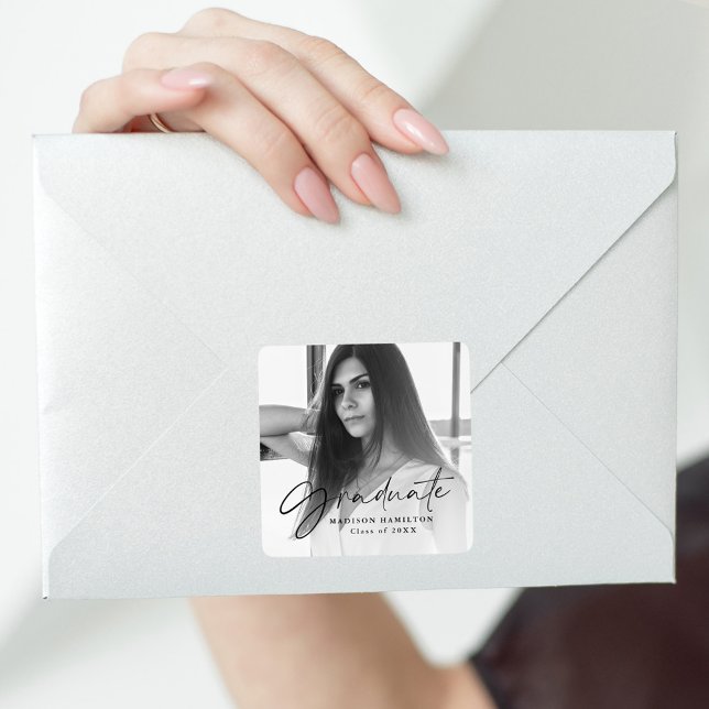 Black Stylish Script Photo Graduation Quadratischer Aufkleber (Von Creator hochgeladen)