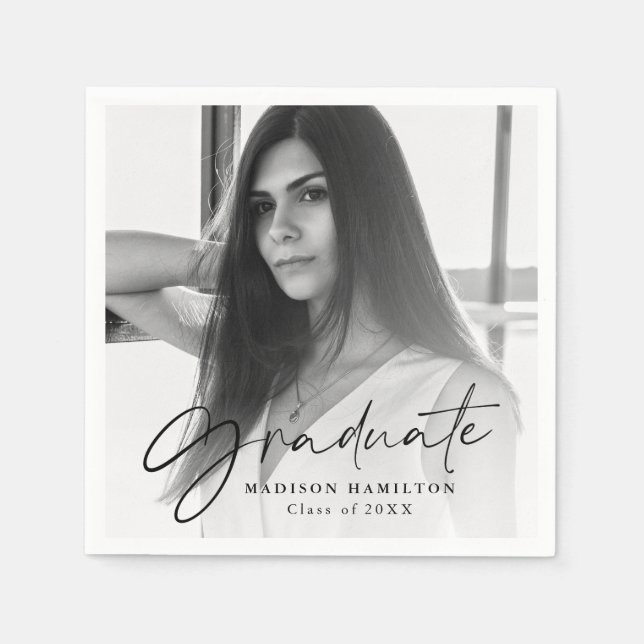 Black | Stylish Script Photo Graduation Serviette (Vorderseite)