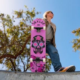 Black Sugar Skull auf rosa D-Markenbezeichnung Skateboard