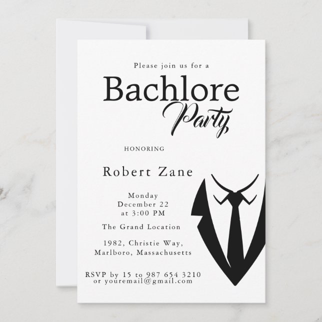 Black Suit & Tie Men's Bachelor Party Invitation (Devant)