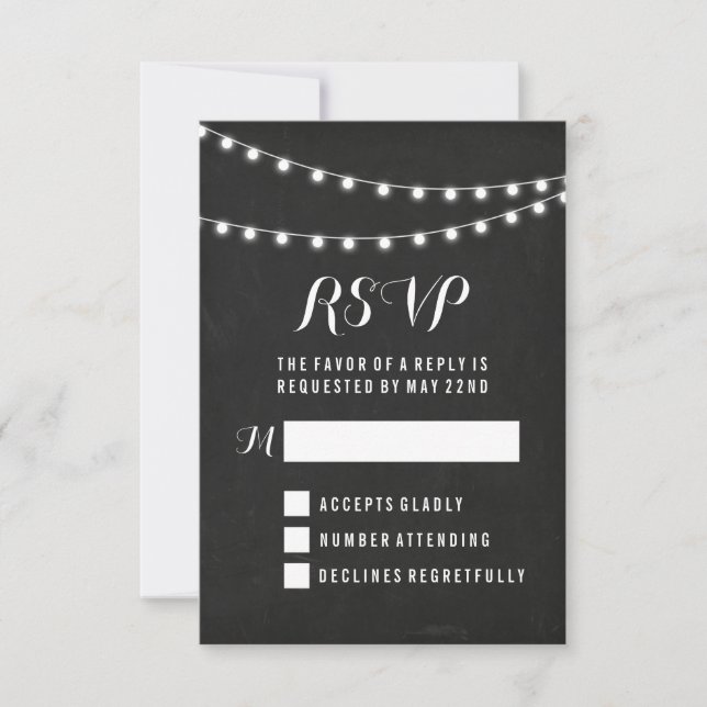 Black Summer String Light Wedding RSVP Karte (Vorderseite)