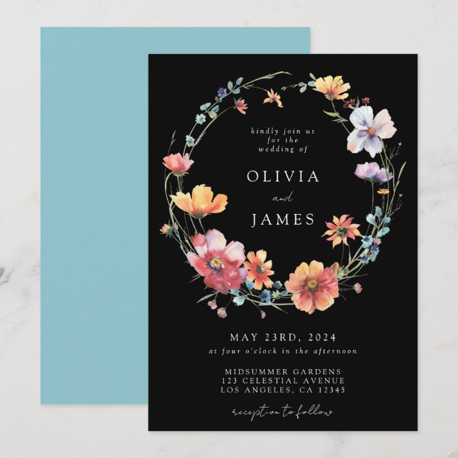 Black Summer Wildblume Wreath Wedding Einladung (Vorne/Hinten)