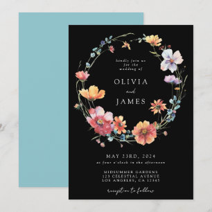 Black Summer Wildblume Wreath Wedding Einladung