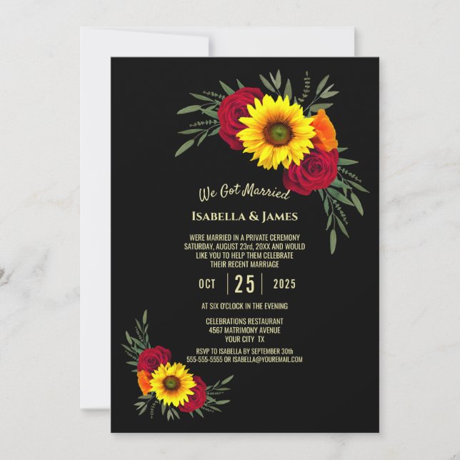 Black Sunflower Burgundy Rose Hochzeitsempfang Einladung (Vorderseite)