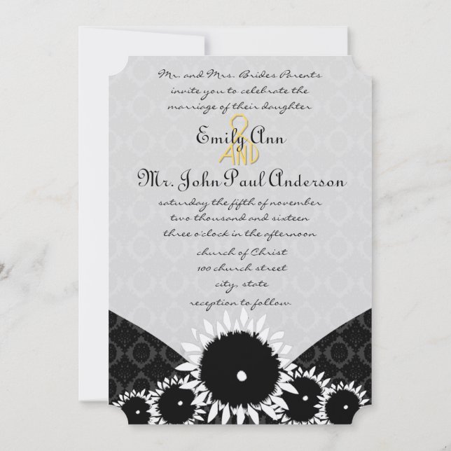 Black Sunflower Damask Hochzeitseinladungen Einladung (Rückseite)