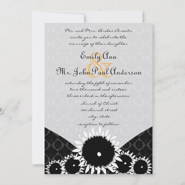 Black Sunflower Damask Hochzeitseinladungen Einladung (Rückseite)