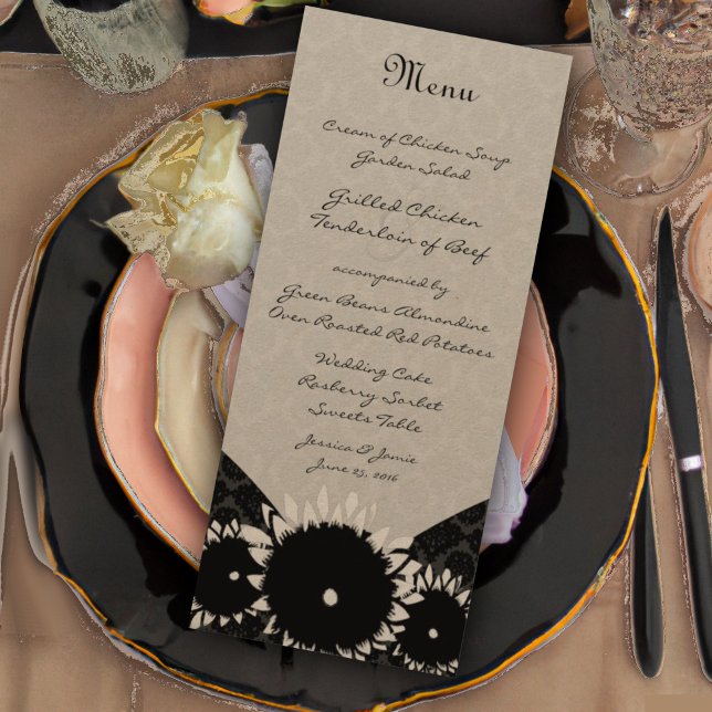 Black Sunflower Damask Wedding Menu Menükarte (Von Creator hochgeladen)
