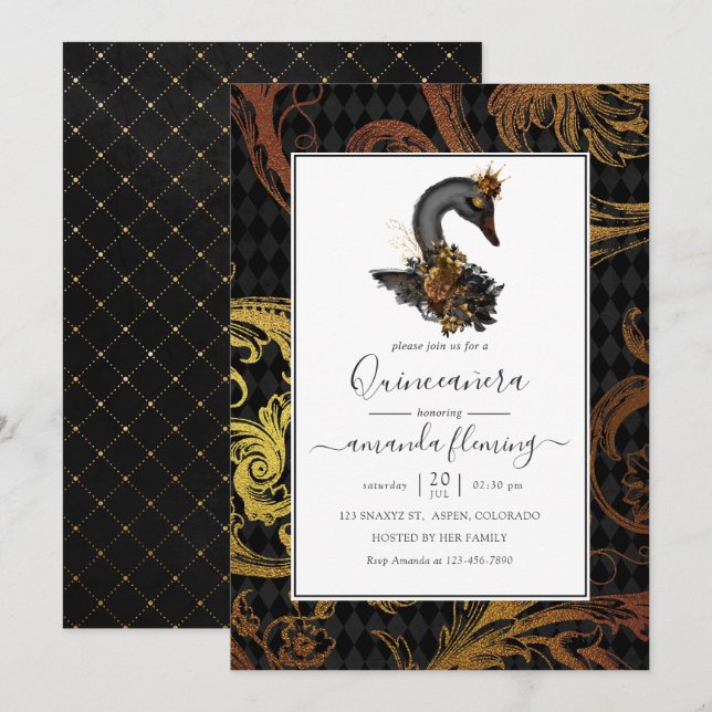 Black Swan Quinceañera Einladung (Vorne/Hinten)