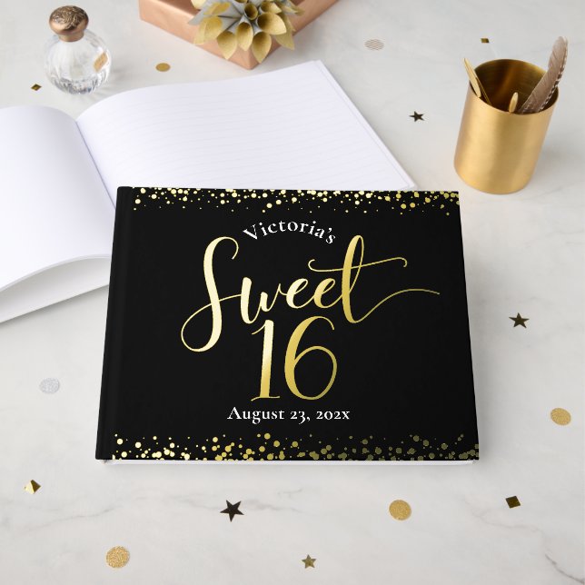 Black Sweet 16 Birthday Keepake Real Gold Foil Gästebuch (Vorderseite offen)