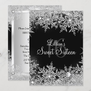 Black Sweet 16 Diamond Snowflake Winterwonderland Einladung