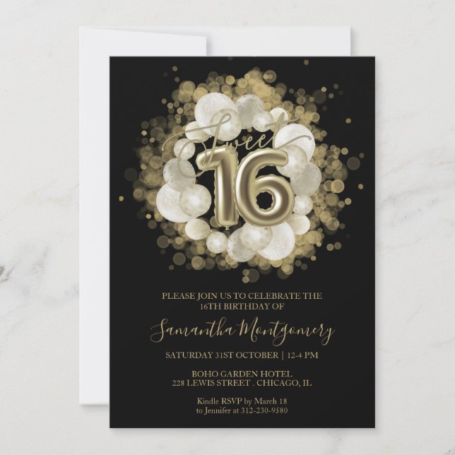 Black Sweet 16 Gold Aquarellballons Einladung (Vorderseite)