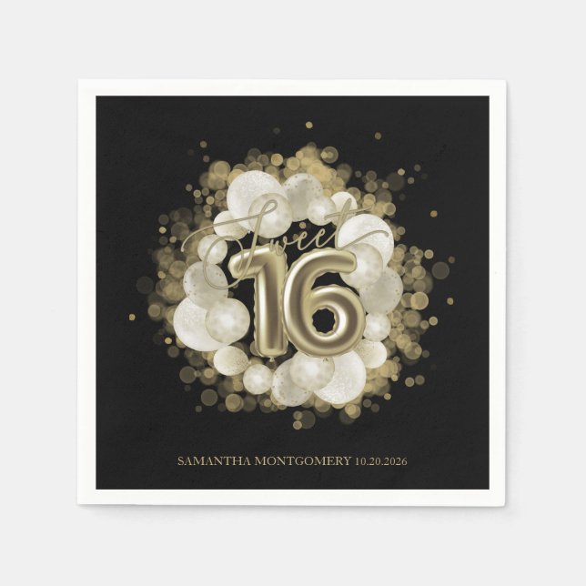 Black Sweet 16 Gold Aquarellballons Serviette (Vorderseite)